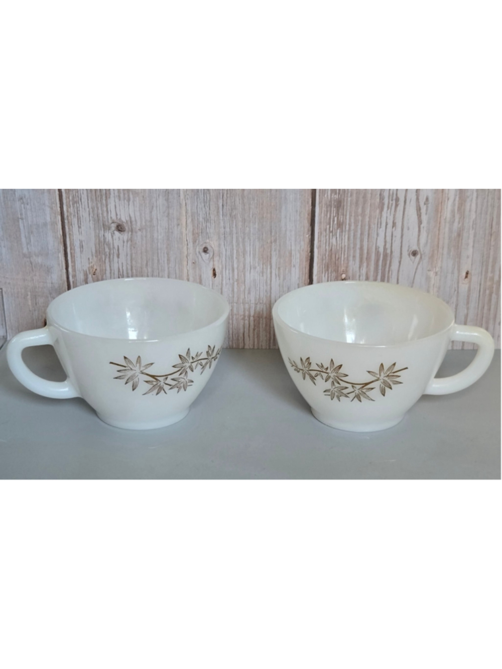 Vintage Federal Glass Golden Glory Milk Glass Coffee Cups Brown Floral Pair